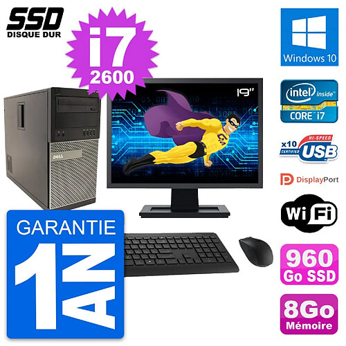 PC Tour Dell 790 MT Ecran 19" Intel i7-2600 RAM 8Go SSD 960Go Windows 10 Wifi · Occasion