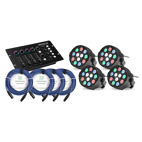 4x Showlite SPS-121 LED Smart Party spot en set avec contrôleur DMX et câble