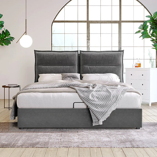 KOMHTOM Lit Hydraulique Double - 140 X 200 cm - Structure Métallique - Velours - Espace De Rangement - Gris - Matelas Inclus