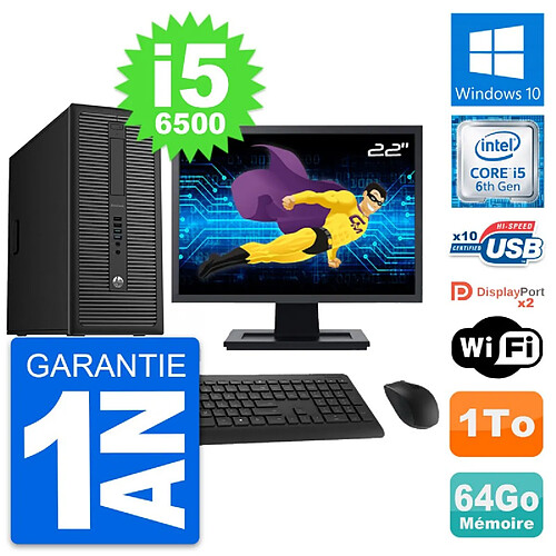 PC Tour HP 800 G2 Ecran 22" Intel i5-6500 RAM 64Go Disque Dur 1To Windows 10 Wifi · Occasion