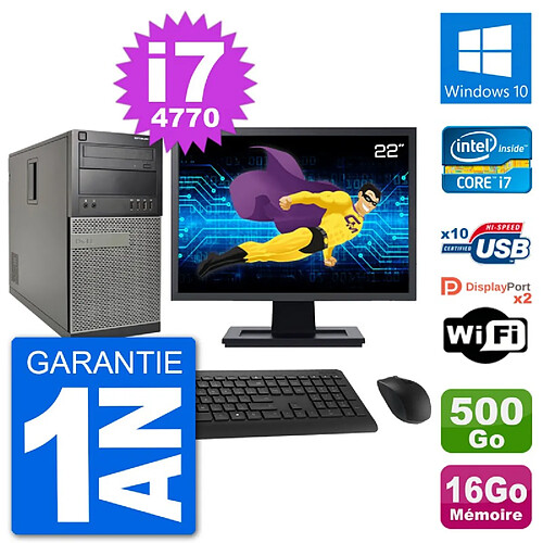 PC Tour Dell 7020 Ecran 22" Intel i7-4770 RAM 16Go Disque 500Go Windows 10 Wifi · Occasion