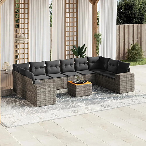 vidaXL Salon de jardin 11 pcs avec coussins gris résine tressée