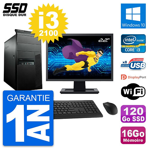 PC Tour Lenovo M91p Ecran 22" Intel i3-2100 RAM 16Go SSD 120Go Windows 10 Wifi · Occasion