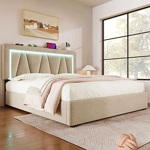 Sweiko Lit adulte 140x200 cm Lit coffre lit double LED avec fonction de chargement USB Type C et éclairage LED Beige avec matelas