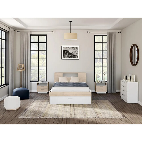 Vente-Unique Lit avec tête de lit rangements et tiroirs - 160 x 200 cm - Coloris : Naturel et blanc + Chevets - LEANDRE