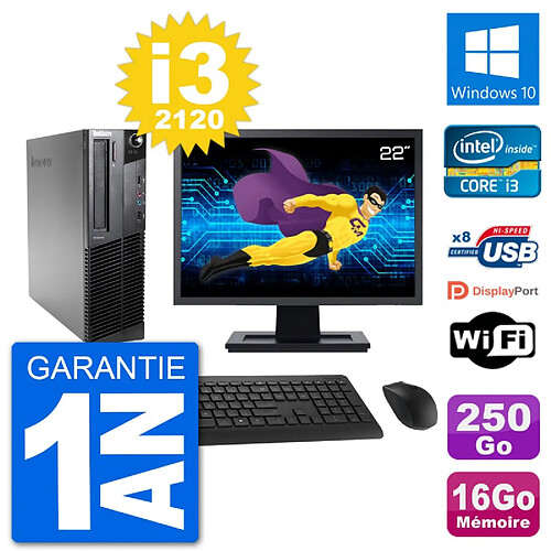 PC Lenovo M92p SFF Ecran 22" Intel i3-2120 RAM 16Go Disque 250Go Windows 10 Wifi · Occasion