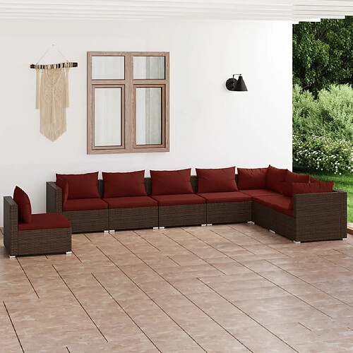 vidaXL Salon de jardin 8 pcs avec coussins résine tressée marron