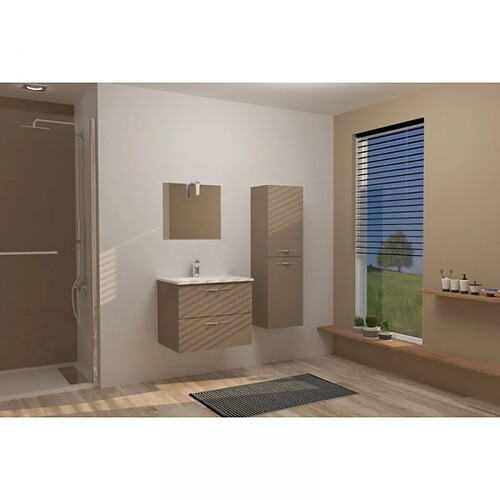 Dansmamaison Ensemble meuble de salle de bain suspendu 2 tiroirs 60 cm Taupe + miroir + colonne- KUNDO