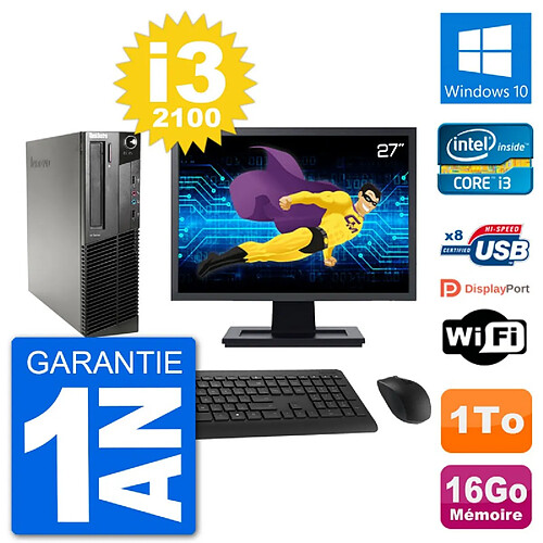 PC Lenovo M91p SFF Ecran 27" Intel i3-2100 RAM 16Go Disque 1To Windows 10 Wifi · Occasion