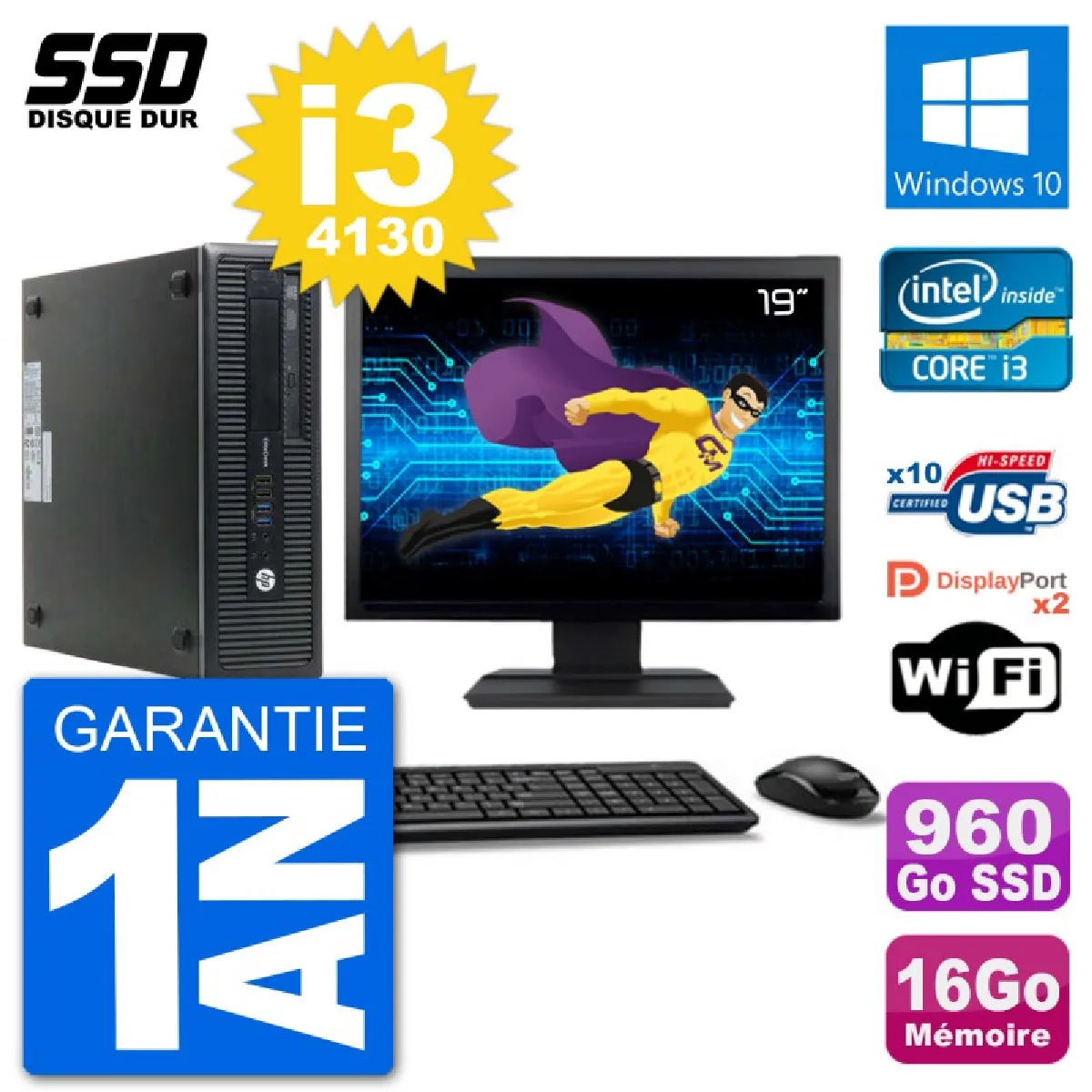 PC HP EliteDesk 800 G1 Ecran 19" Core i3-4130 RAM 16Go SSD 960Go Windows 10 Wifi · Occasion