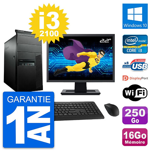 PC Tour Lenovo M91p Ecran 22" Core i3-2100 RAM 16Go Disque 250Go Windows 10 Wifi · Occasion