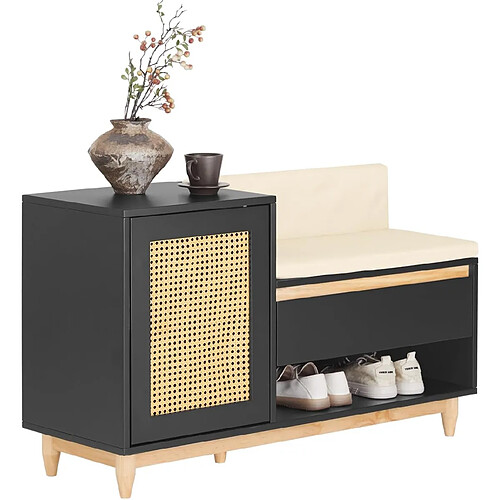 SoBuy FSR128-SCH Banc de Rangement à Chaussure Meuble d'entrée Porte à Treillis avec Espace de Rangement Armoire à Chaussures avec Coussin et Tiroir sur Pieds, Noir-Naturel, 100x35x60cm