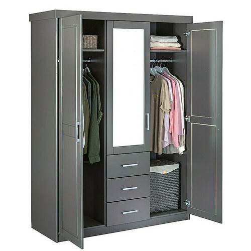 Pegane Armoire avec 3 portes coloris gris en Pin massif - largeur 140 x profondeur 55 x hauteur 190 cm