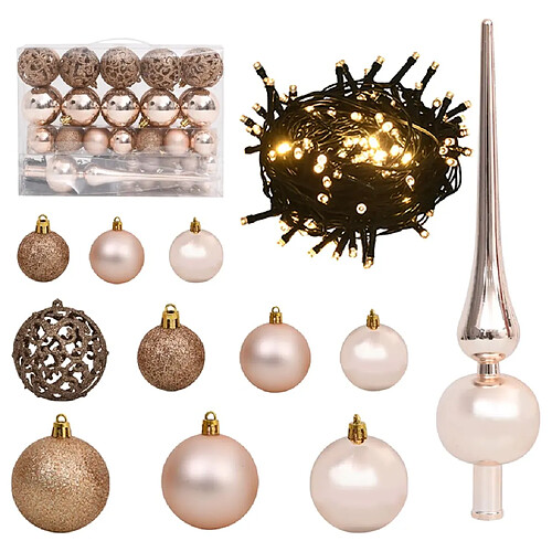 vidaXL Set de boules de Noël avec pic et 150 LED 61 pcs Doré rose