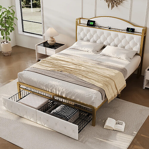 ComfortXL Lit Double 160 X 200 Avec Cadre De Lit En Métal à Sommier à Lattes, Couleur Beige Clair