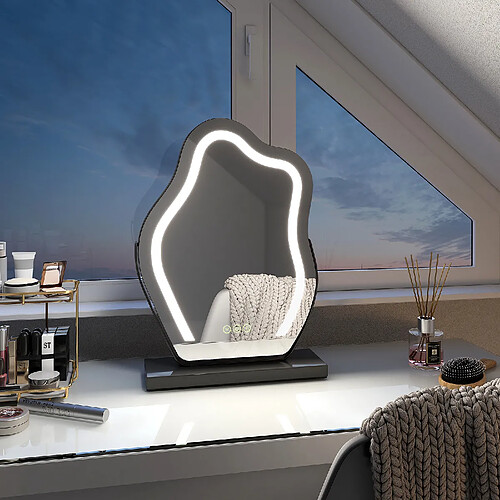 EMKE Miroir de maquillage avec LED Miroir de maquillage irrégulier Design moderne Interrupteur tactile 3 couleurs Dimmable Rotation à 360° - Cadre Noir 43 x 30 cm