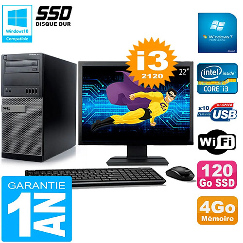 PC Tour DELL 7010 Ecran 22" Core I3-2120 RAM 4Go Disque 120 Go SSD Wifi W7 · Occasion