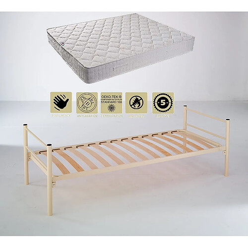 Provence Literie Lit Métal Epoxy + Matelas Tissu Ignifugé Non Feu 80x190 x 15 cm - Très Ferme - Ame Poli Lattex Haute Résilience - hypoallergénique