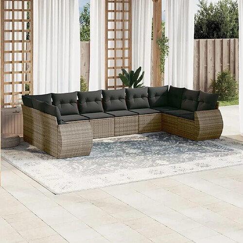 vidaXL Salon de jardin avec coussins 10 pcs gris résine tressée