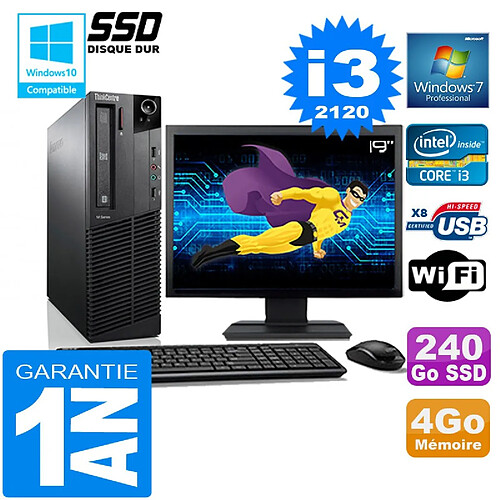 PC Lenovo M92p SFF Core I3-2120 Ram 4Go Disque 240 Go SSD Wifi W7 Ecran 19" · Occasion