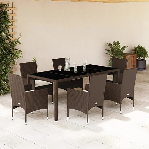 vidaXL Ensemble à manger de jardin et coussins 7pcs marron rotin verre