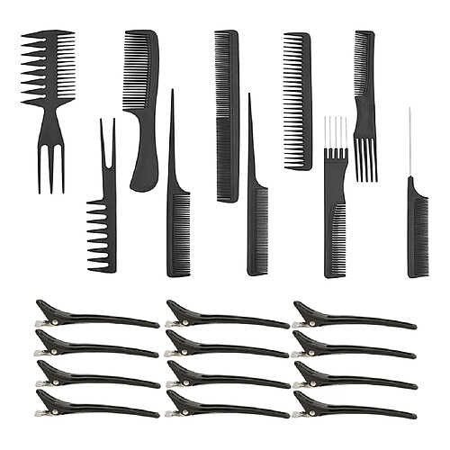 Professionnel 10 Pcs Salon Barber Coupe De Cheveux Coiffure Barber Peignes Set + 12 Pcs Cheveux Styling Clips Noir