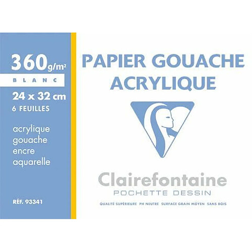 Clairefontaine Papier gouache acrylique 360g format 24x32cm pochette de 6 feuilles