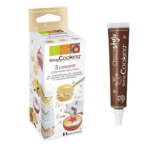 Scrapcooking 3 colorants alimentaires de surface doré, argenté, cuivré + 1 Stylo chocolat