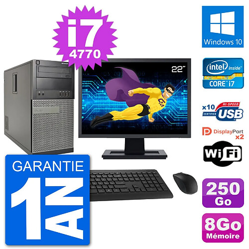 PC Tour Dell 7020 Ecran 22" Intel i7-4770 RAM 8Go Disque 250Go Windows 10 Wifi · Occasion