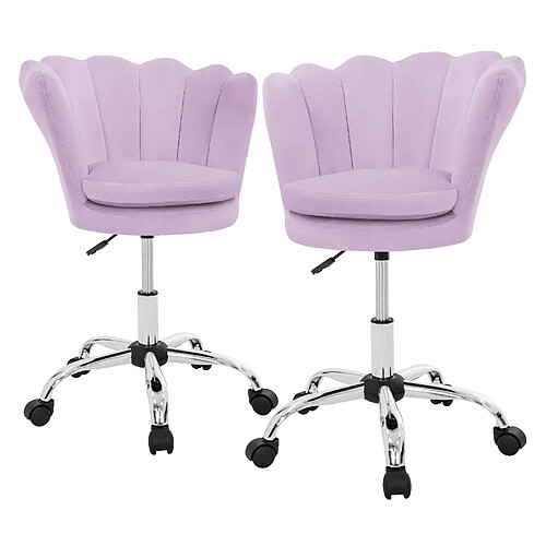 ML-Design 2x Fauteuil de bureau salon en velours à roulettes violet clair hauteur réglable