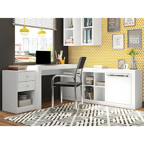 Vente-Unique Bureau d'angle - 2 tiroirs et 2 portes - Coloris : Blanc - EVAN