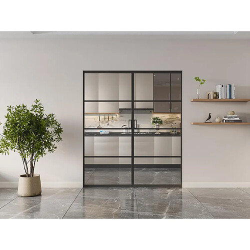 Vente-Unique Porte coulissante double avec système à galandage - aluminium et verre trempé transparent - 2 x H205 x L83 cm - SINCA II