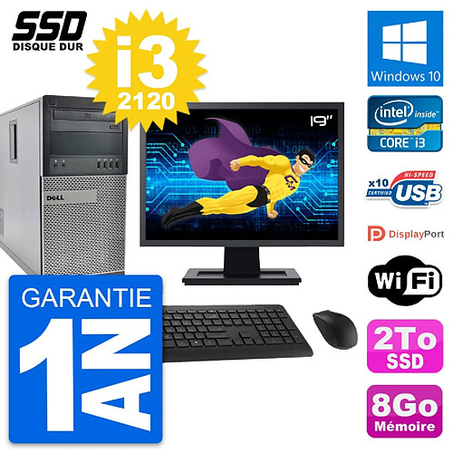 PC Tour Dell 990 Ecran 19" Intel Core i3-2120 RAM 8Go SSD 2To Windows 10 Wifi · Occasion