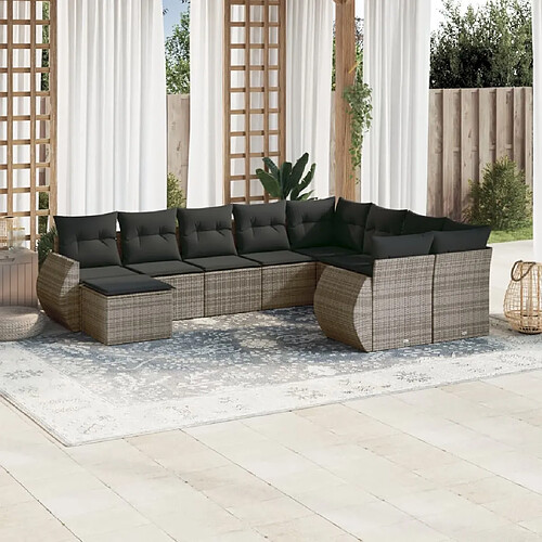 vidaXL Salon de jardin avec coussins 10 pcs gris résine tressée