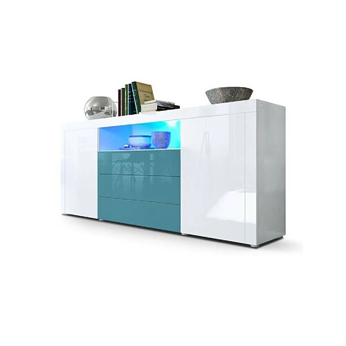 Mpc Buffet Laqué Blanc Et Turquoise Avec Éclairage LED 72 X 167 X 35 Cm