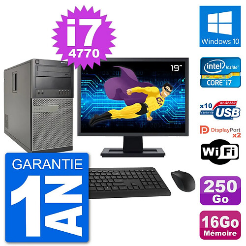 PC Tour Dell 7020 Ecran 19" Intel i7-4770 RAM 16Go Disque 250Go Windows 10 Wifi · Occasion