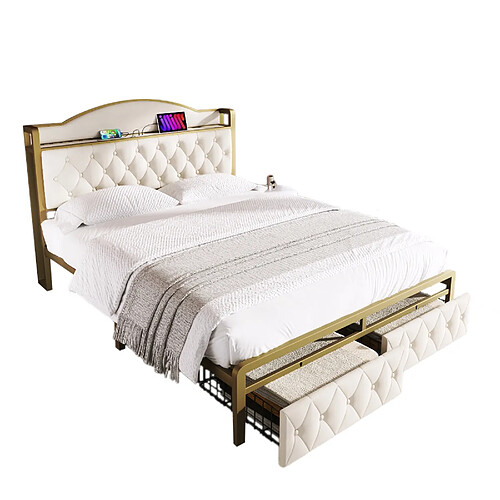 KOMHTOM Lit de rangement double 140 x 200 beige clair avec cadre métallique, cadre de lit avec fonction de chargement USB type C et tiroirs (avec matelas)