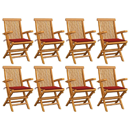 vidaXL Chaises de jardin avec coussins rouge lot de 8 Teck massif