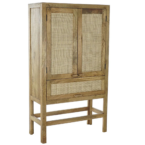 Pegane Buffet haut meuble de rangement en bois de manguier marron foncé et rotin coloris naturel - Longueur 90 x Hauteur 160 x Profondeur 40 cm