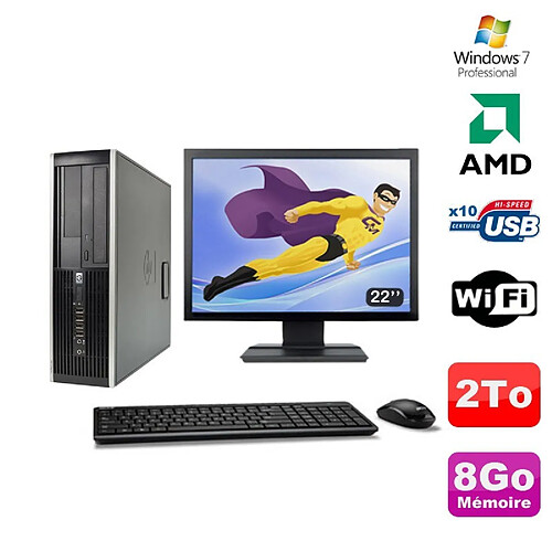 Lot PC HP Compaq 6005 Pro SFF AMD 3GHz 8Go 2To Graveur WIFI Win 7 Pro + 22"" · Occasion