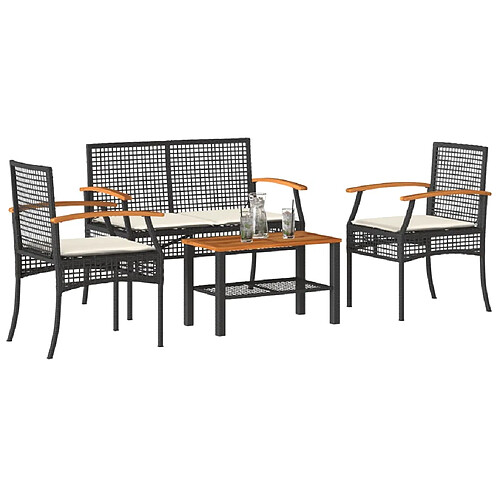 vidaXL Salon de jardin 4 pcs avec coussins Noir Résine tressée