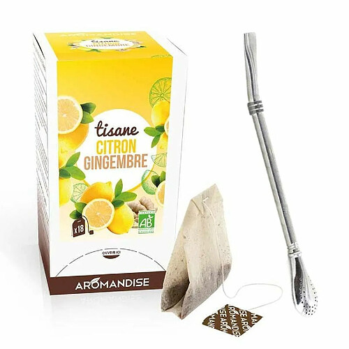 Aromandise Tisane gingembre et citron bio 20 sachets + paille inox avec filtre