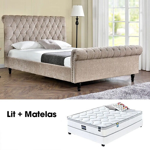 Meubler Design Lit + Matelas 160 Kapaldi Beige