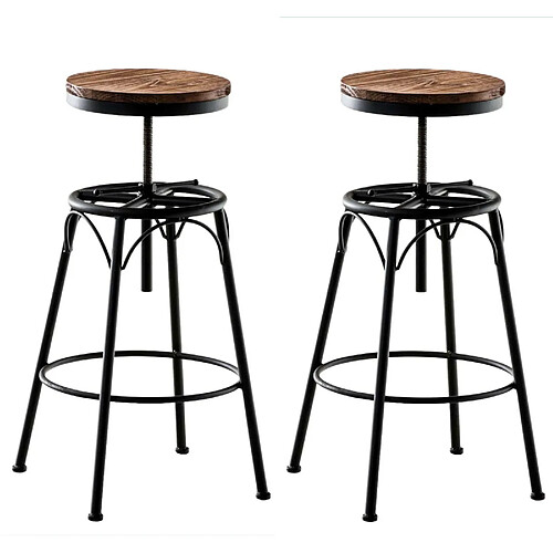 Decoshop26 Lot de 2 tabourets de bar style industriel contemporain hauteur réglable en métal noir et assise en bois clair 10_0004019