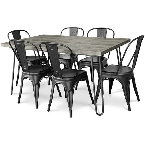 ICONIK INTERIOR Pack Table à manger - Design industriel 150cm + Pack de 6 chaises à manger - Design industriel - Hairpin Stylix Noir