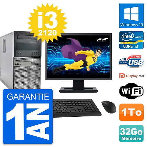 PC Tour Dell 990 Ecran 22" Intel i3-2120 RAM 32Go Disque Dur 1To Windows 10 Wifi · Occasion