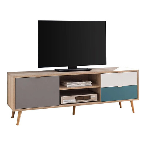 But Meuble TV scandinave ARUBA Chêne, gris, bleu et blanc