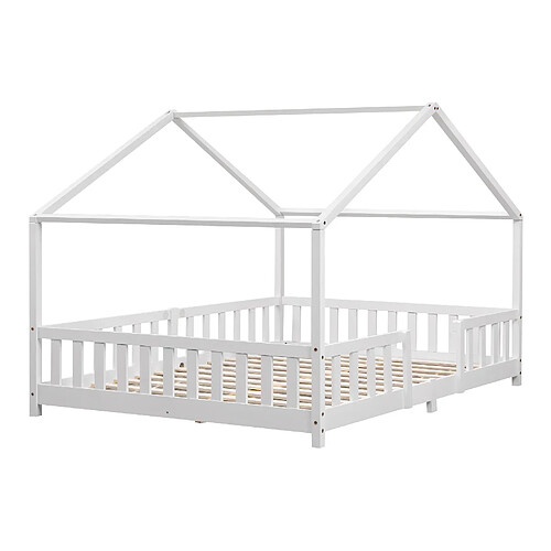 Lit d'Enfant Forme Maison avec Grille de Protection Treviolo 200 x 140 cm Blanc Mat Laqué [en.casa]