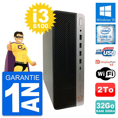 PC HP ProDesk 600 G3 SFF Intel Core i3-6100 RAM 32Go Disque 2To Windows 10 Wifi · Occasion