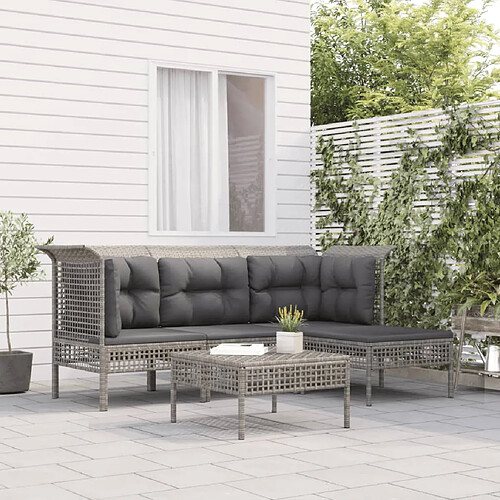 vidaXL Salon de jardin 5 pcs avec coussins Gris Résine tressée